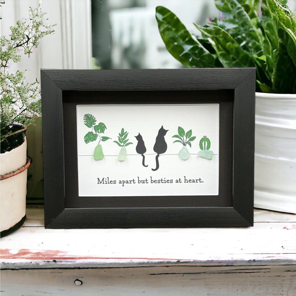 Sea Glass Framed Art Gift| Unique Seaglass Pet Cat And Plants Present